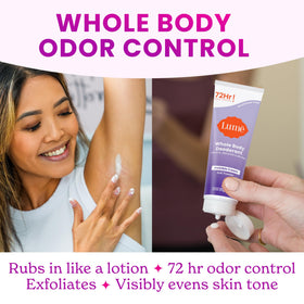 Lume Whole Body Deodorant Cream Tube on a bathroom counter