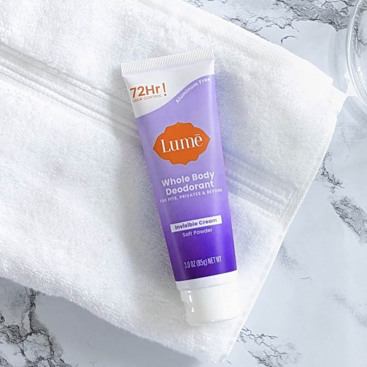 Lume Whole Body Deodorant Cream Tube with soft powder scent description