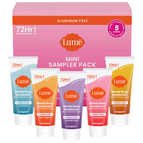 Lume Whole Body Deodorant Sampler pack front view with five cream minis