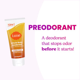 Lume Whole Body Deodorant Sampler pack on a bathroom shelf