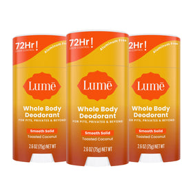Lume Whole Body Deodorant Stick 3 Pack front view with Toasted Coconut scent