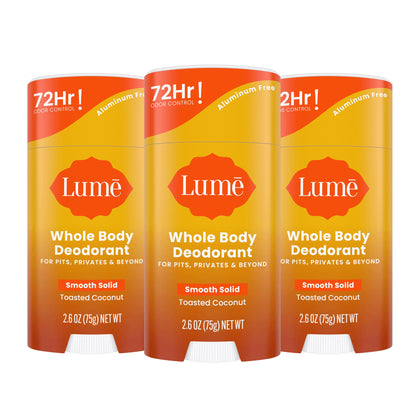 Lume Whole Body Deodorant Stick 3 Pack front view with Toasted Coconut scent