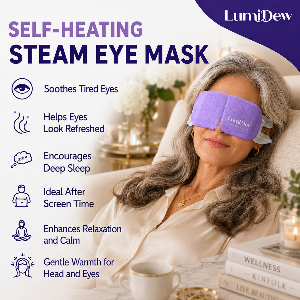LumiDew Steam Eye Mask packaging with 30 count