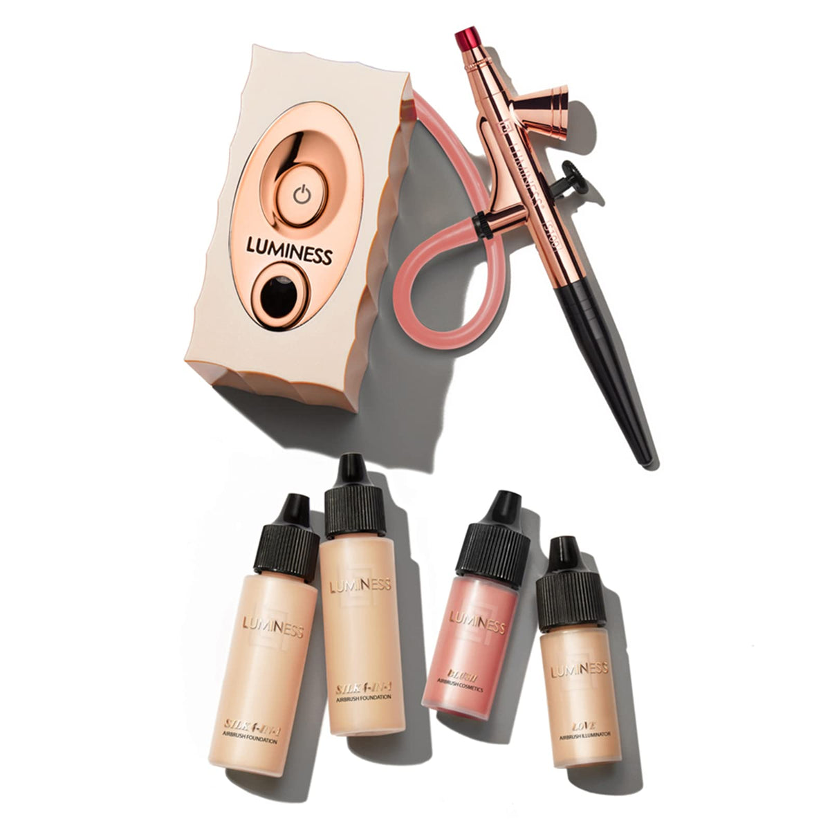 LUMINESS Air Icon Pro Airbrush System front view with compressor and stylus