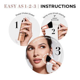 LUMINESS foundation and brush set on a vanity