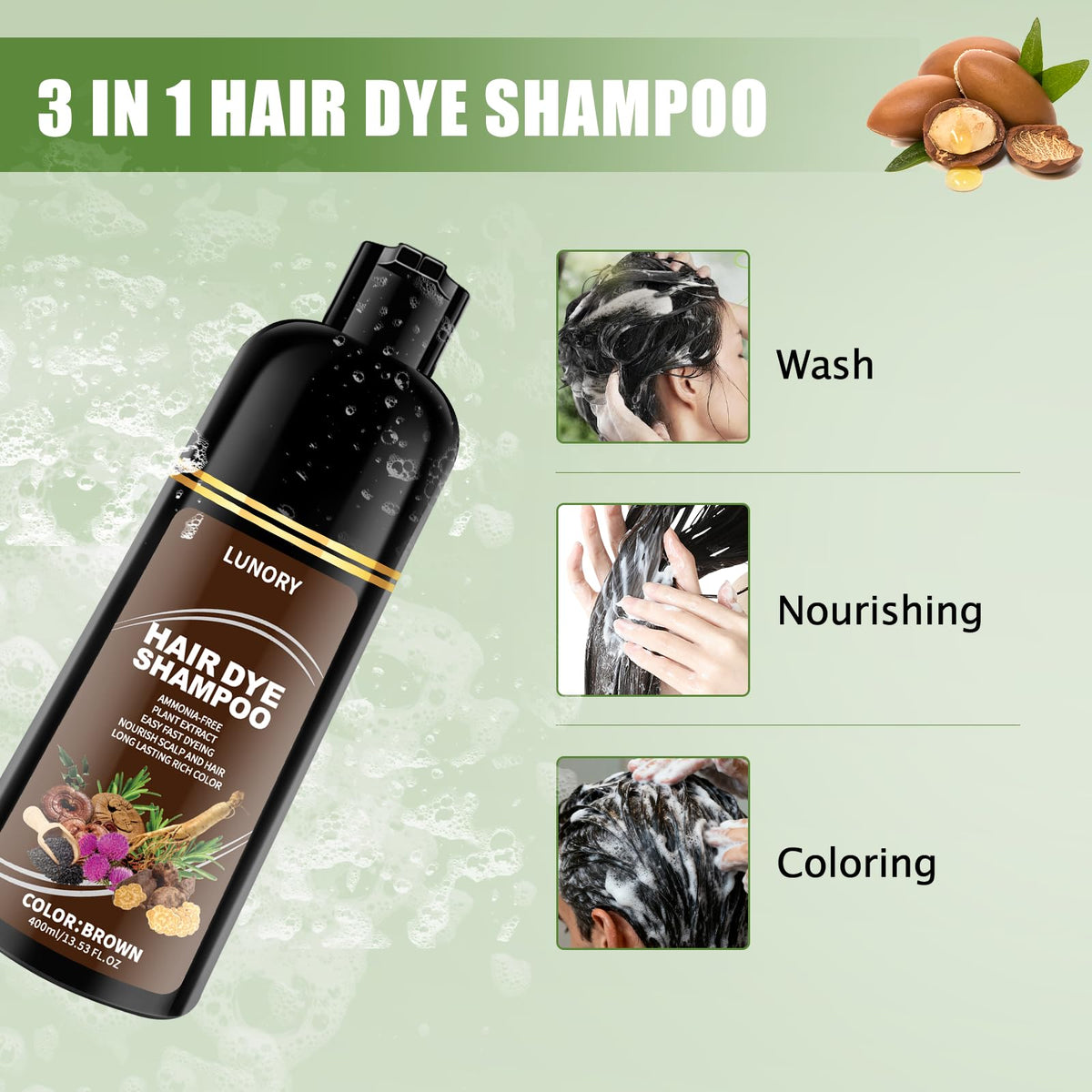 Lunory brown hair dye shampoo showing texture