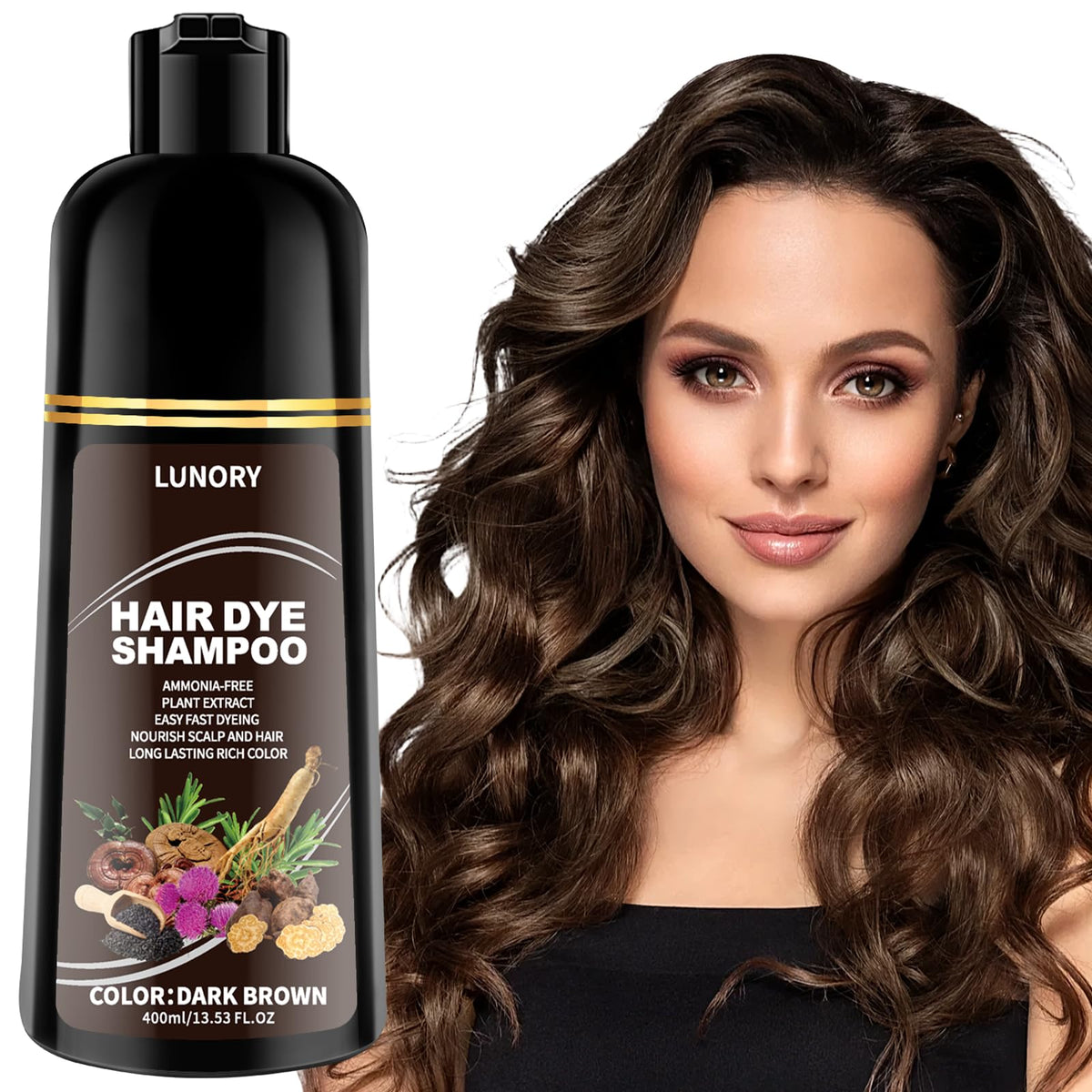 Lunory dark brown hair dye shampoo front view with label