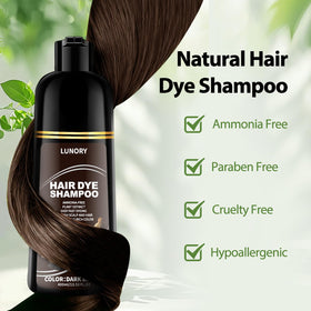 Lunory dark brown hair dye shampoo in a bathroom setting