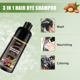Lunory dark brown hair dye shampoo packaging with dimensions