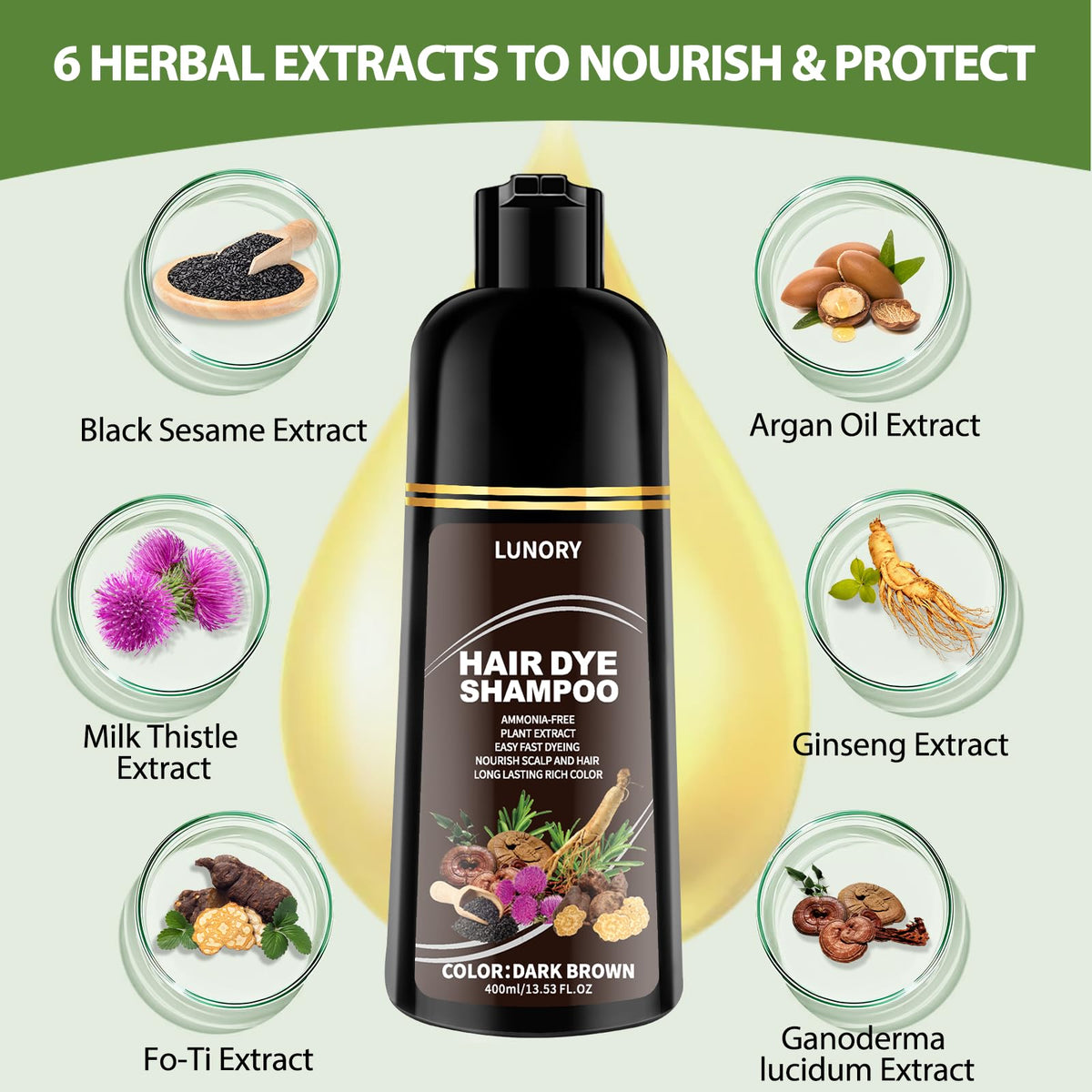 Lunory dark brown hair dye shampoo side view highlighting bottle design