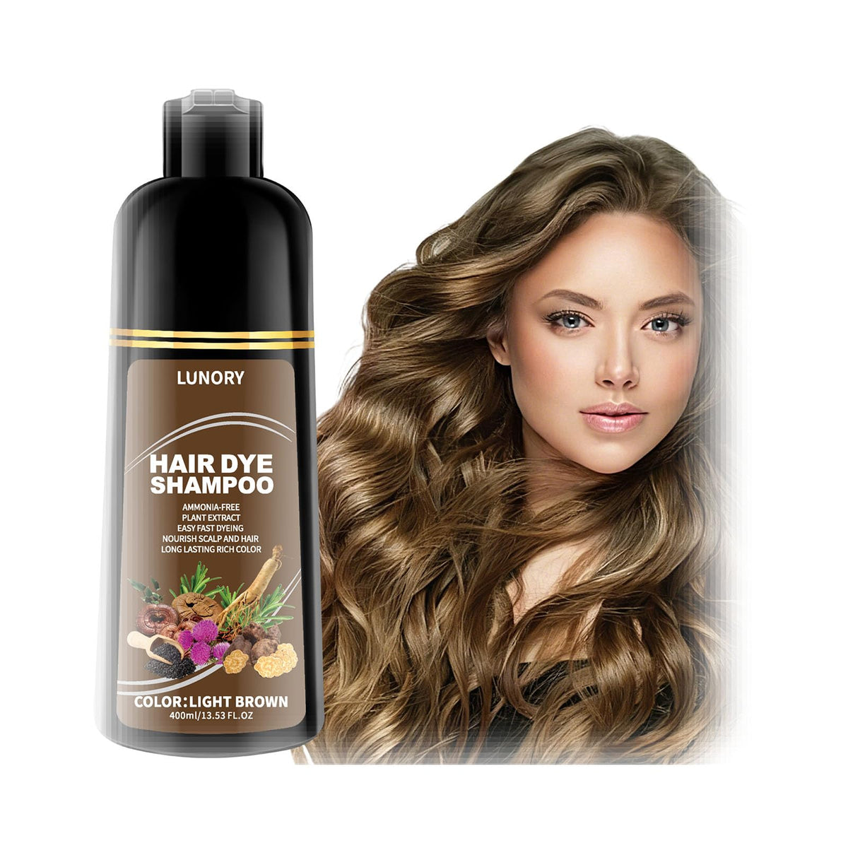 Lunory light brown hair dye shampoo front view with 508g packaging