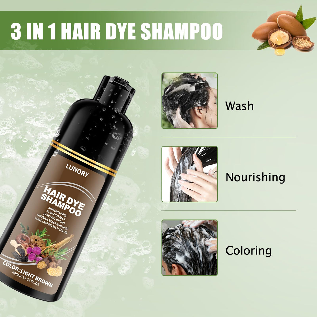 Lunory light brown hair dye shampoo with natural botanicals displayed