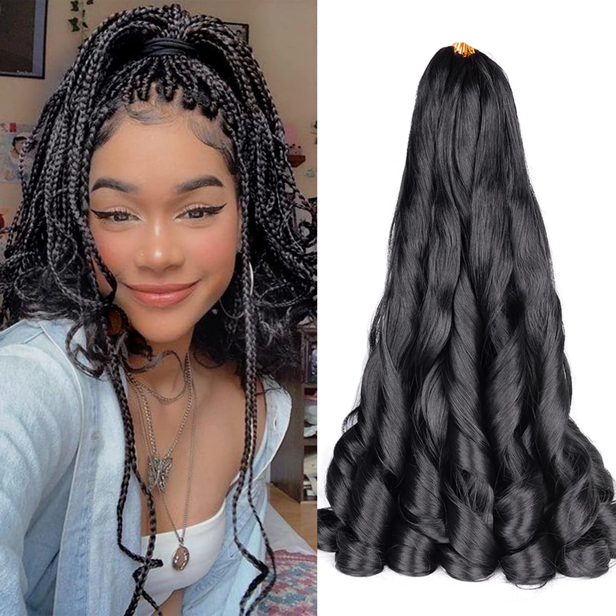 Luoyudu French Curl Braiding Hair 24 Inch black loose wave front view