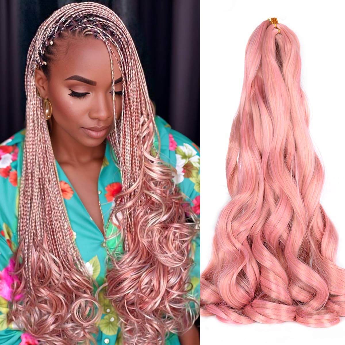 Luoyudu French Curl Braiding Hair 24 Inch Pink front view