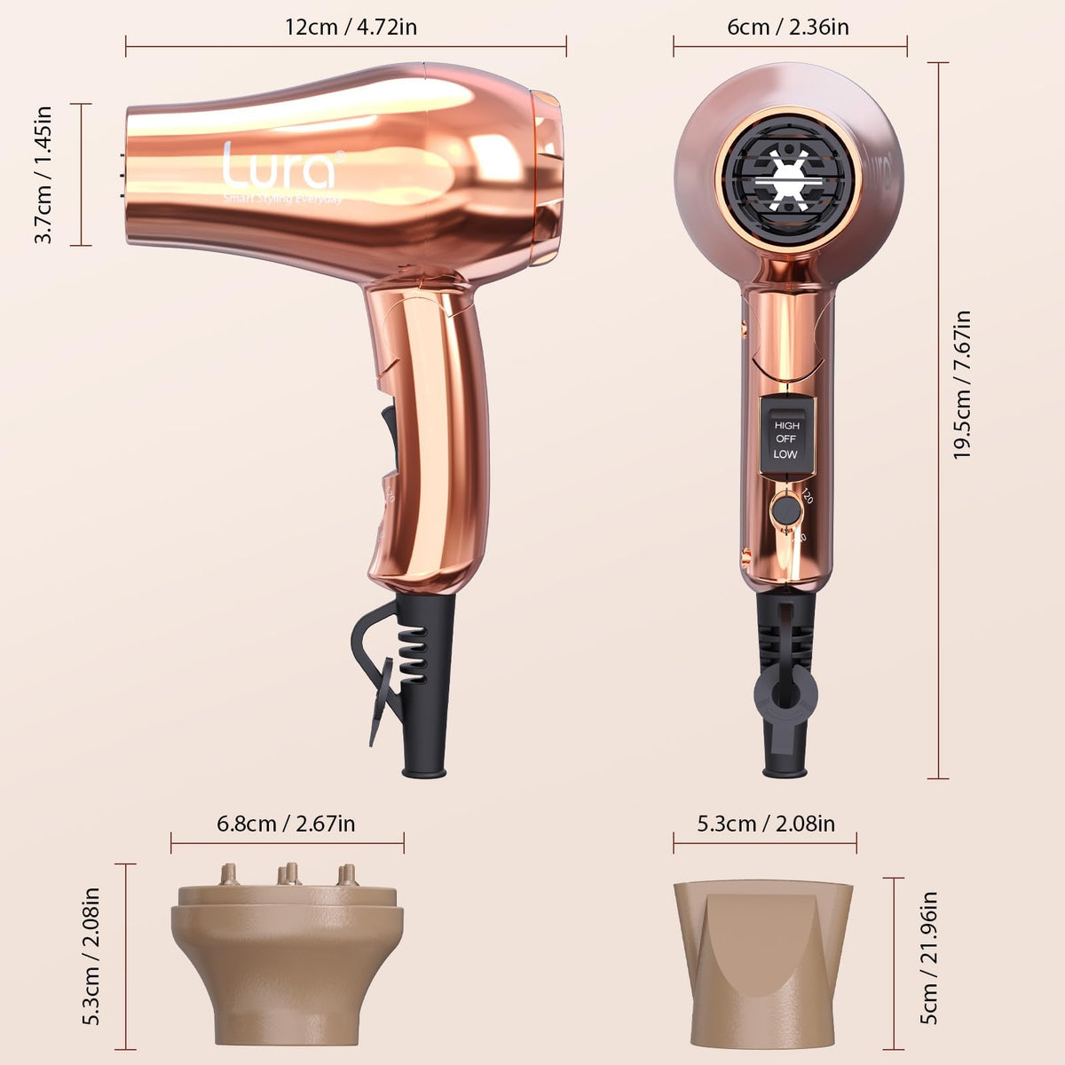 LURA Mini Hair Dryer showing dual voltage switch feature