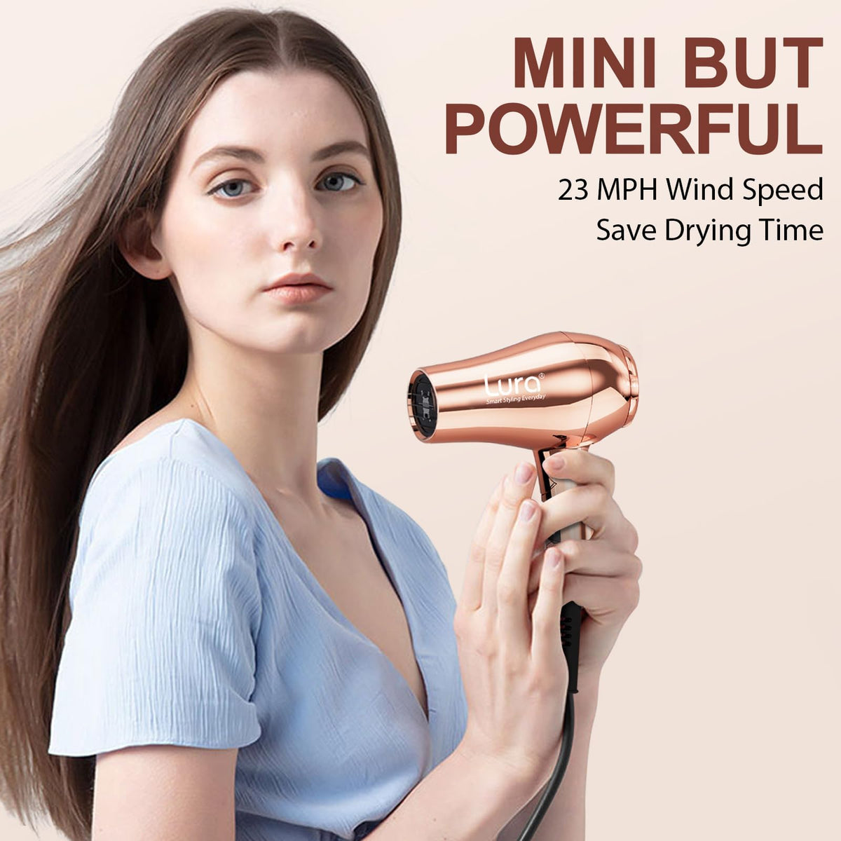 LURA Mini Portable Hair Dryer with concentrator nozzle attachment