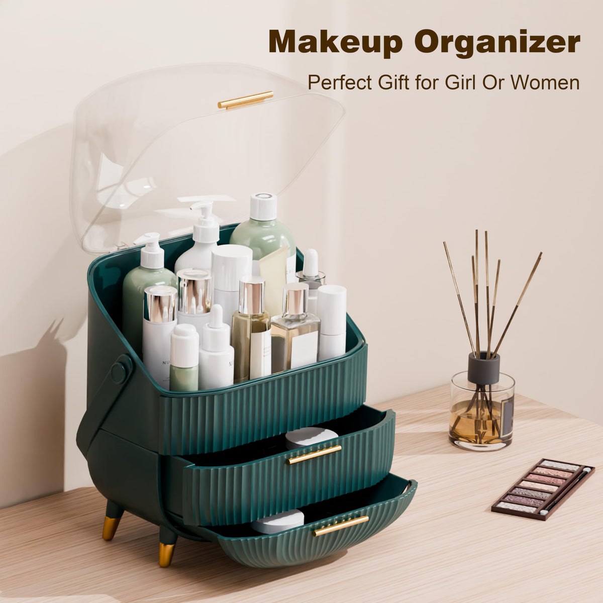 lurcns Makeup Organizer dark green side view showing compartments