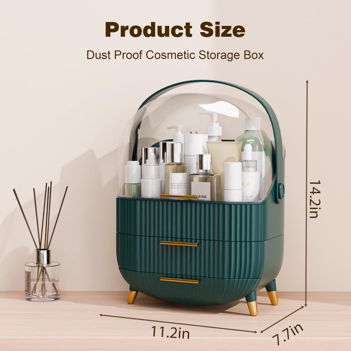 lurcns Makeup Organizer dark green with cosmetics arranged inside
