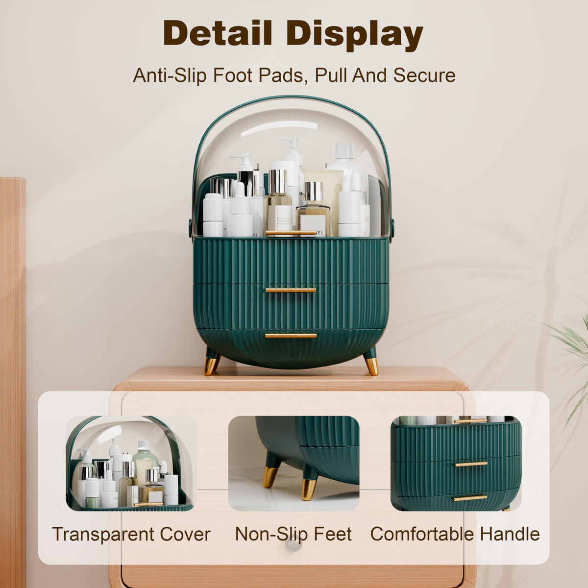 lurcns Makeup Organizer dark green with drawers open