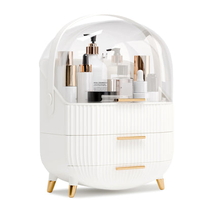 lurcns Makeup Organizer front view with lid and drawers in white