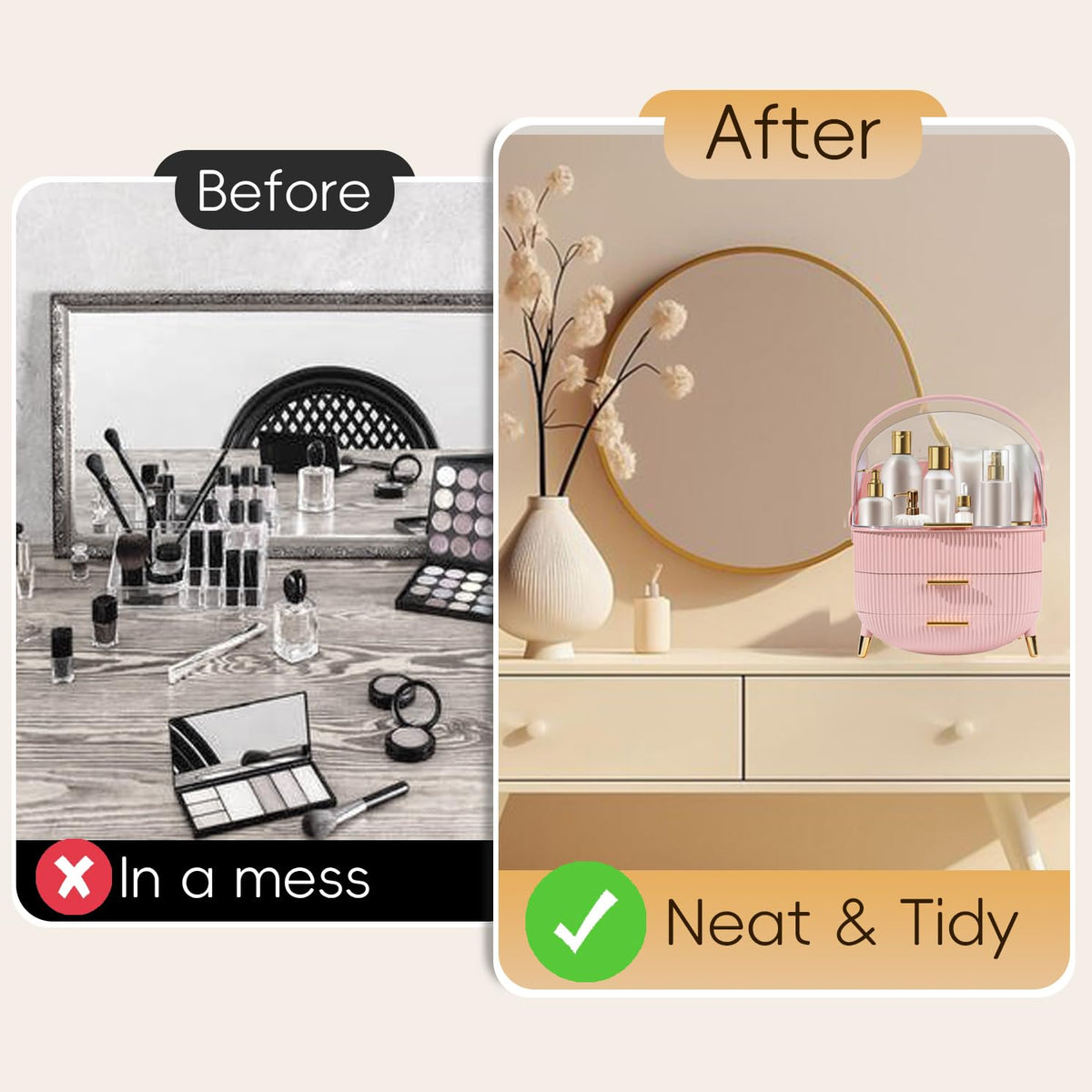 lurcns Vanity Organizer on a dressing table with cosmetics