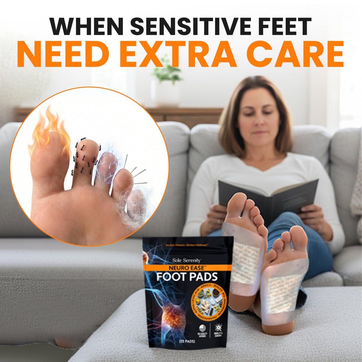 LURE NeuroEase Foot Pads applied on feet