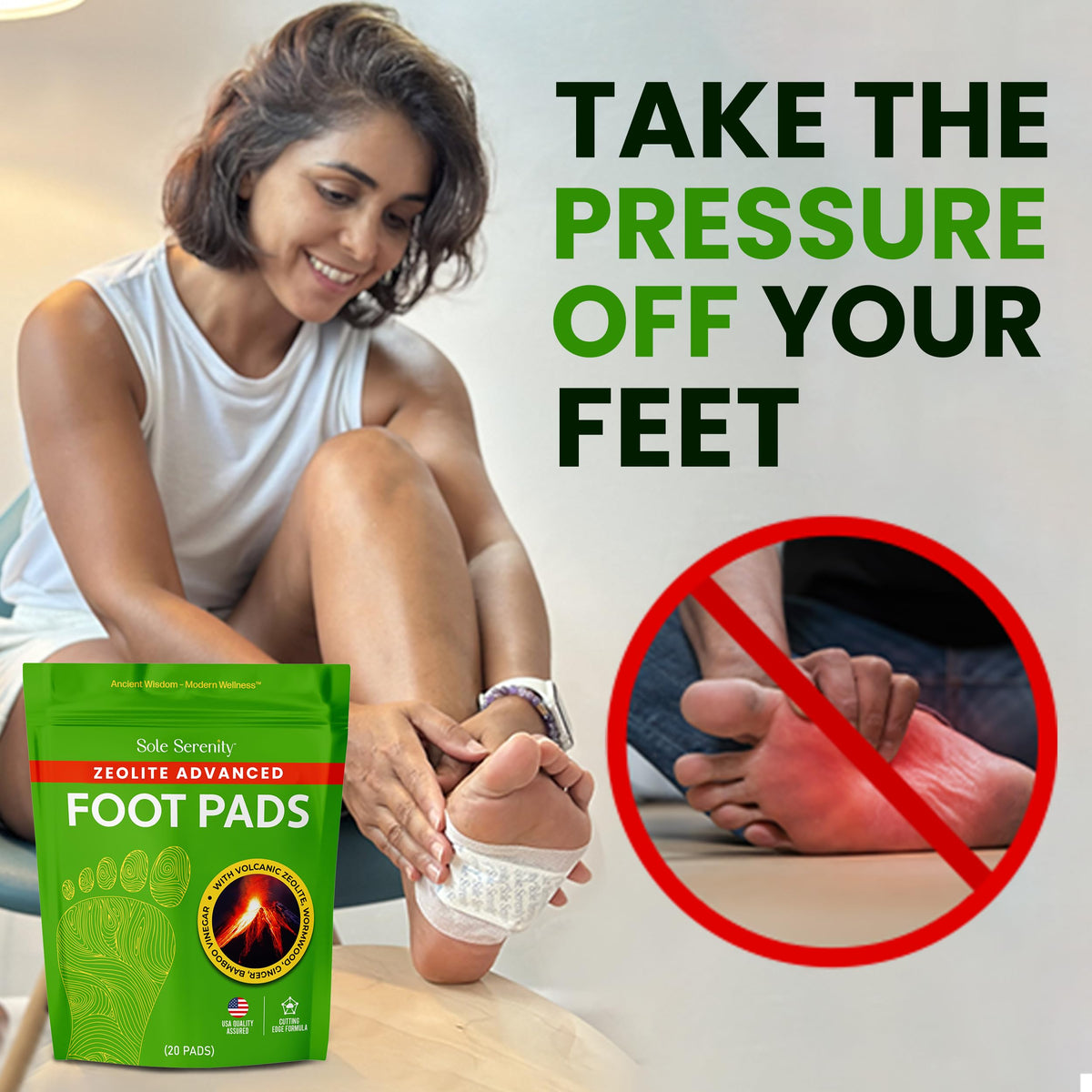 LURE Sole Serenity Foot Pads displayed with natural ingredients
