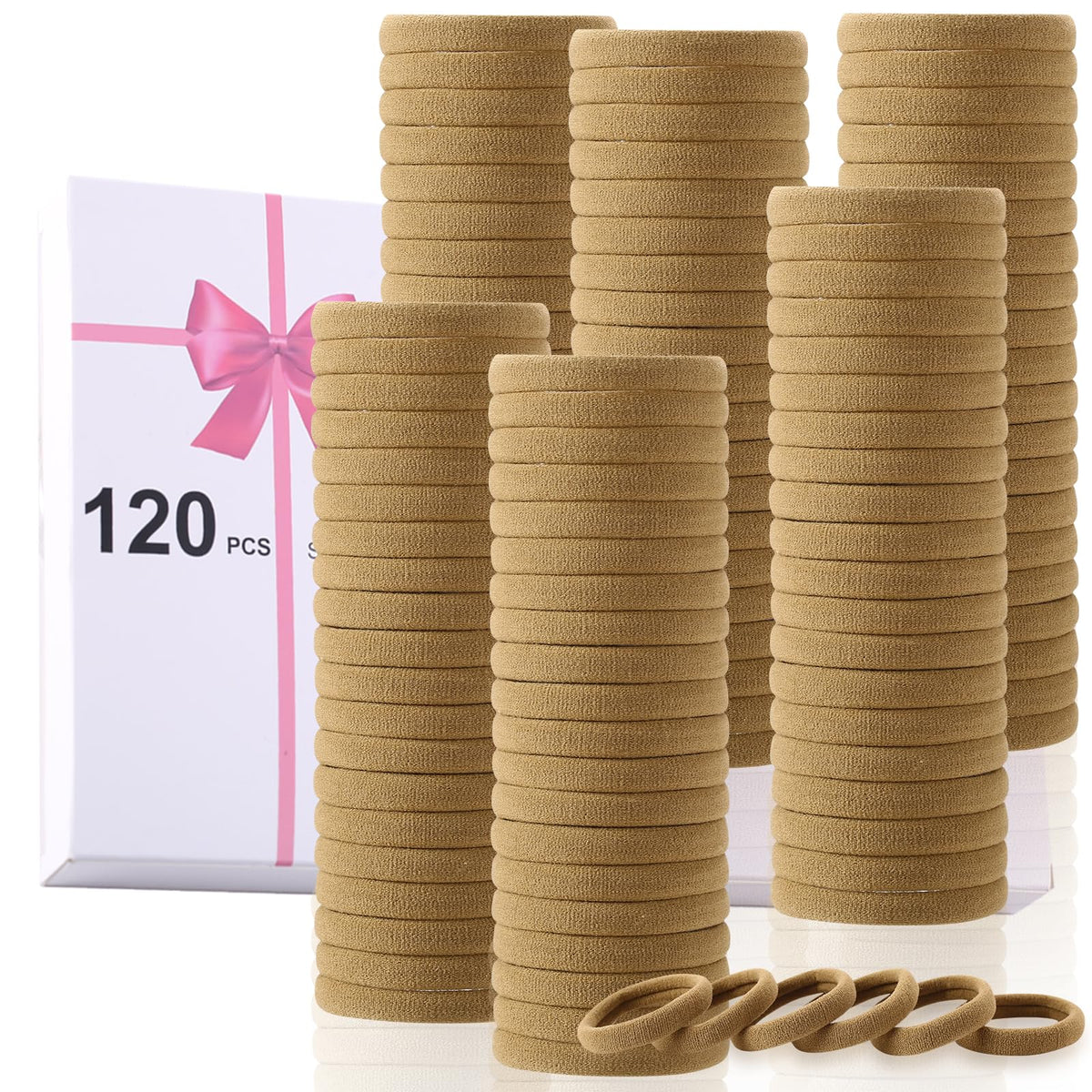 LuSeren 120 Pcs No Damage Hair Ties light brown front view