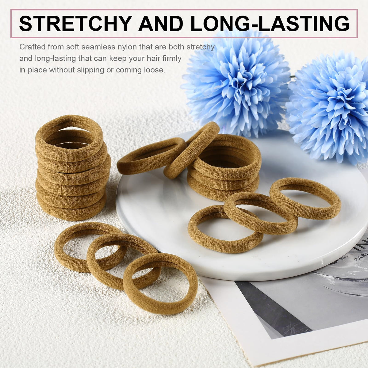 LuSeren hair ties arranged in a neat stack