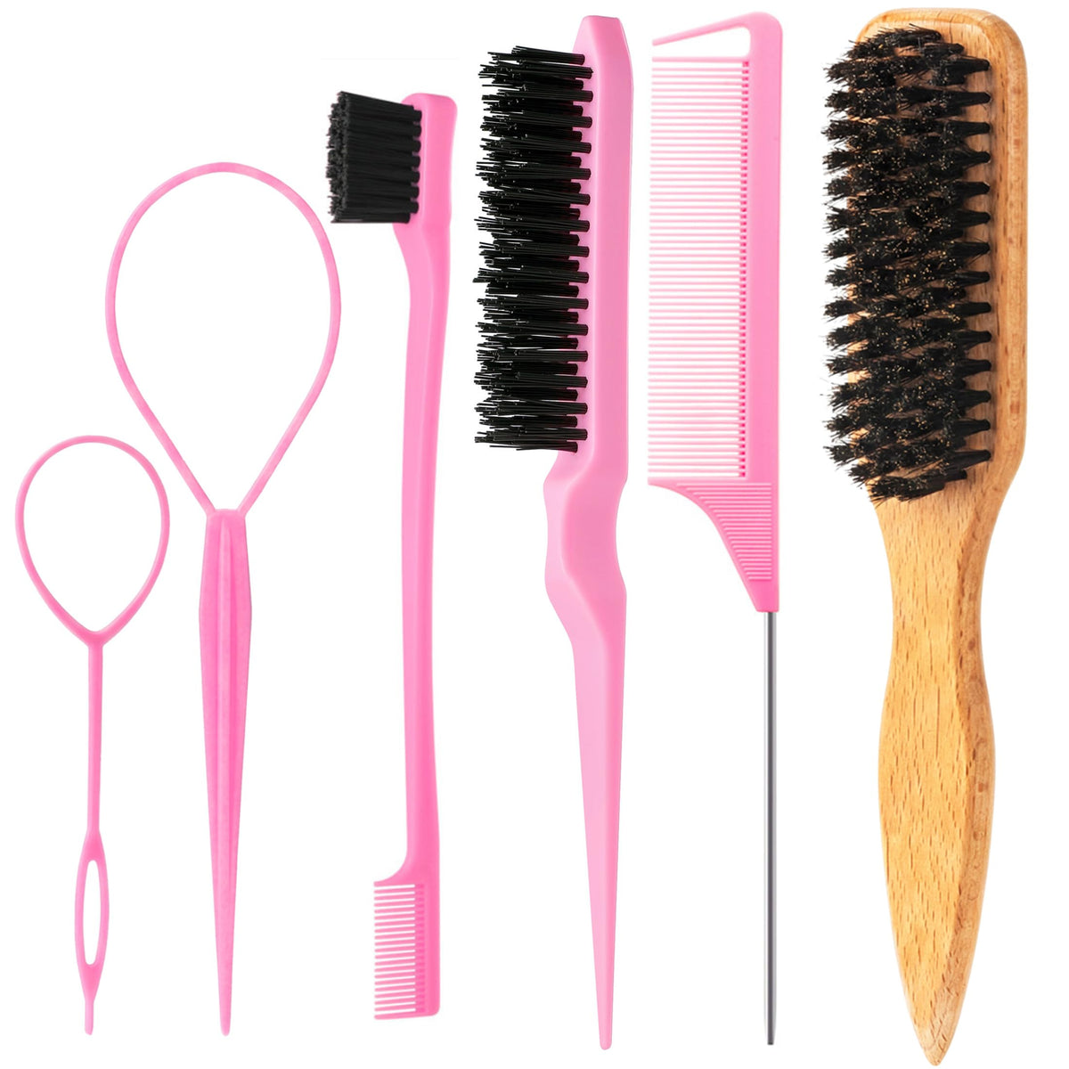 Luumxai 6PCS hair styling tools kit front view with wooden boar bristle brush