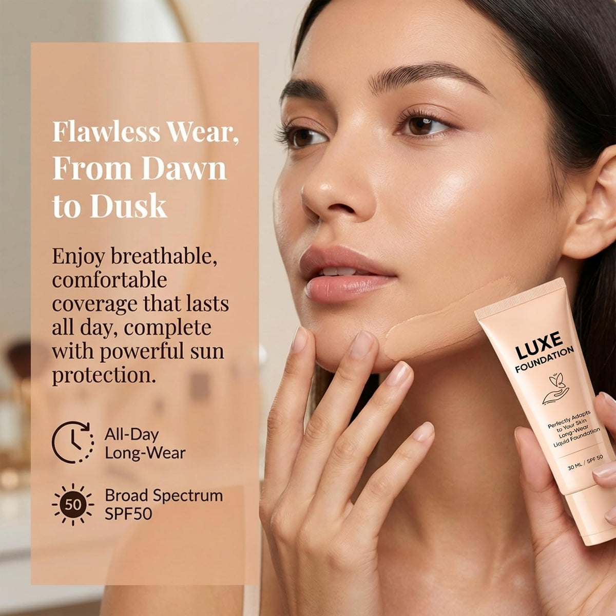 LUXE FOUNDATION colour changing foundation with SPF50 label
