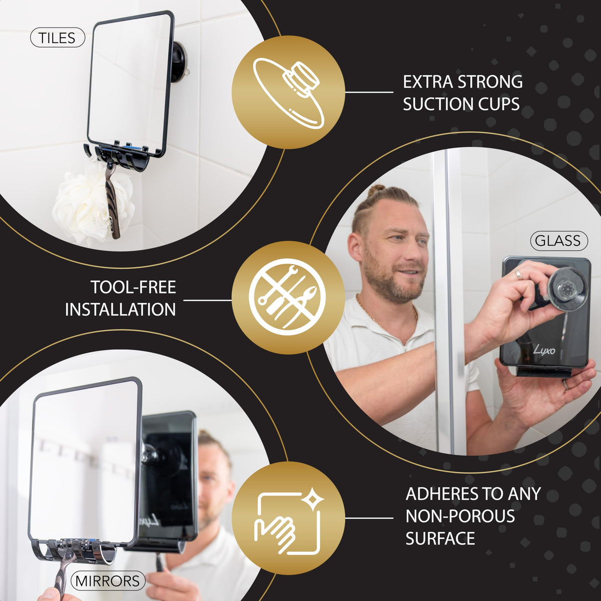 Luxo Shower Mirror displayed on a bathroom wall