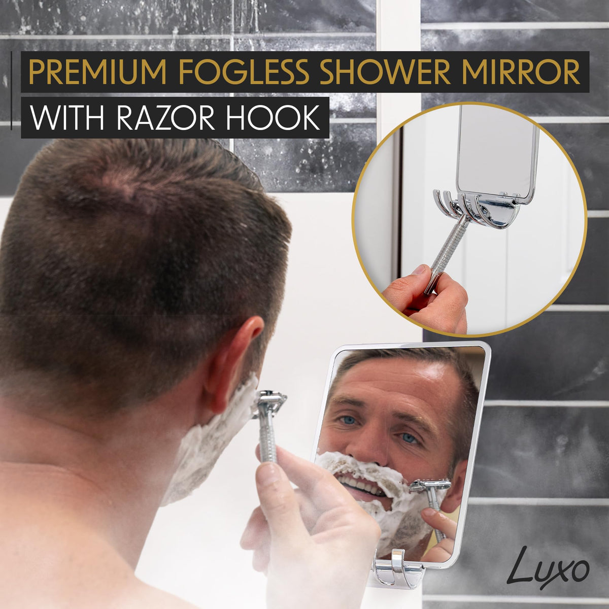 Luxo Shower Mirror side view showing adjustable tilt feature
