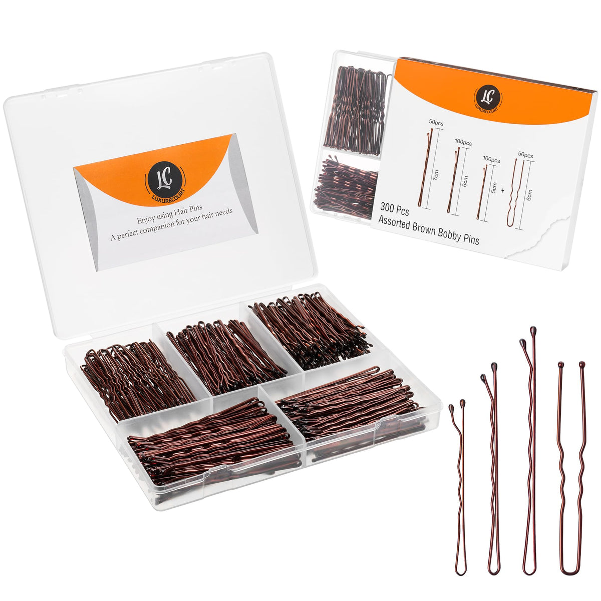 Luxurecourt Brown Bobby Pins Set 300 count assorted sizes in storage container