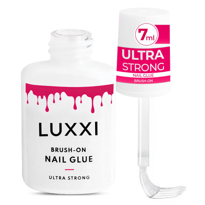 LUXXI Brush On Nail Glue 7ml front view with pink gel formula