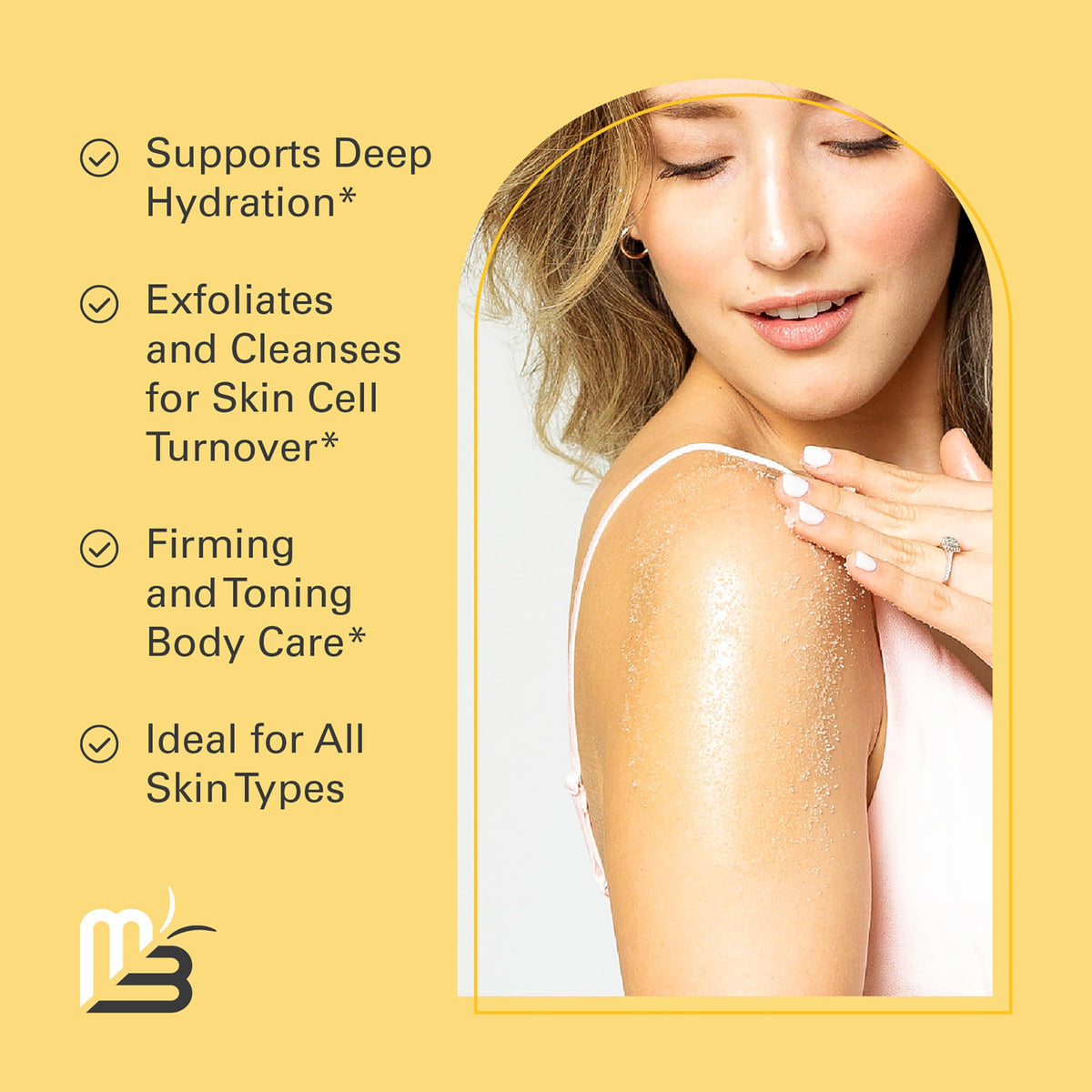 M3 Naturals Anti-Cellulite Body Scrub 16oz with ingredients displayed