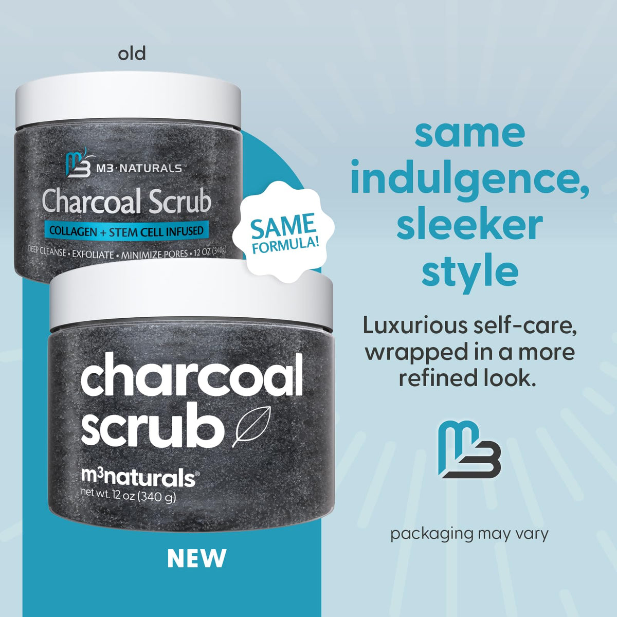 M3 Naturals Exfoliating Charcoal Scrub in a bathroom setting
