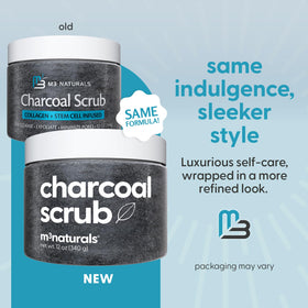 M3 Naturals Exfoliating Charcoal Scrub in a bathroom setting