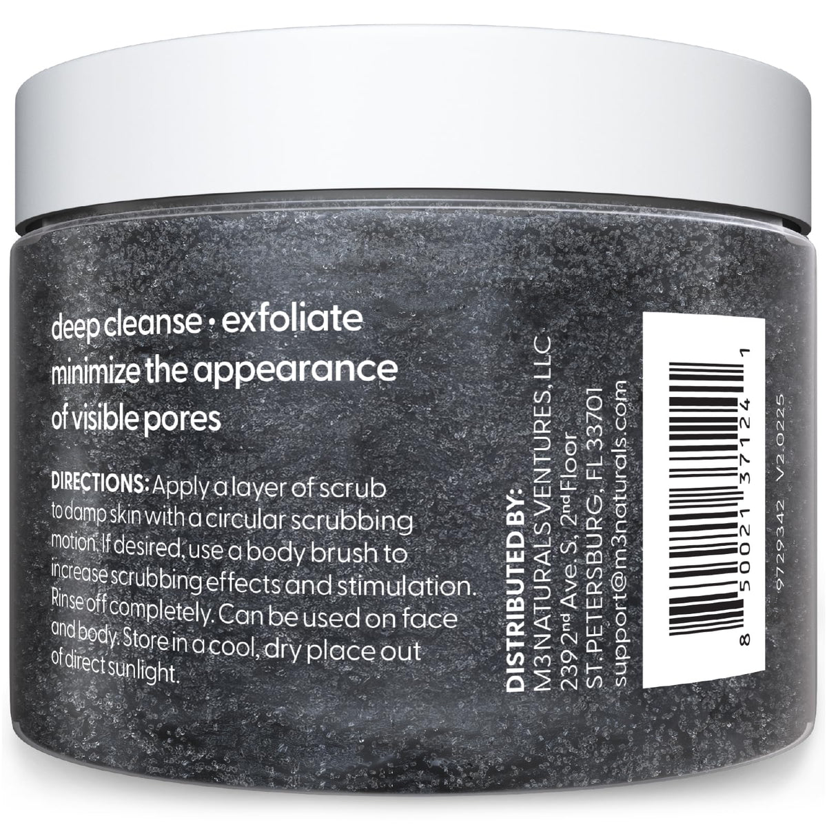 M3 Naturals Exfoliating Charcoal Scrub with ingredients list