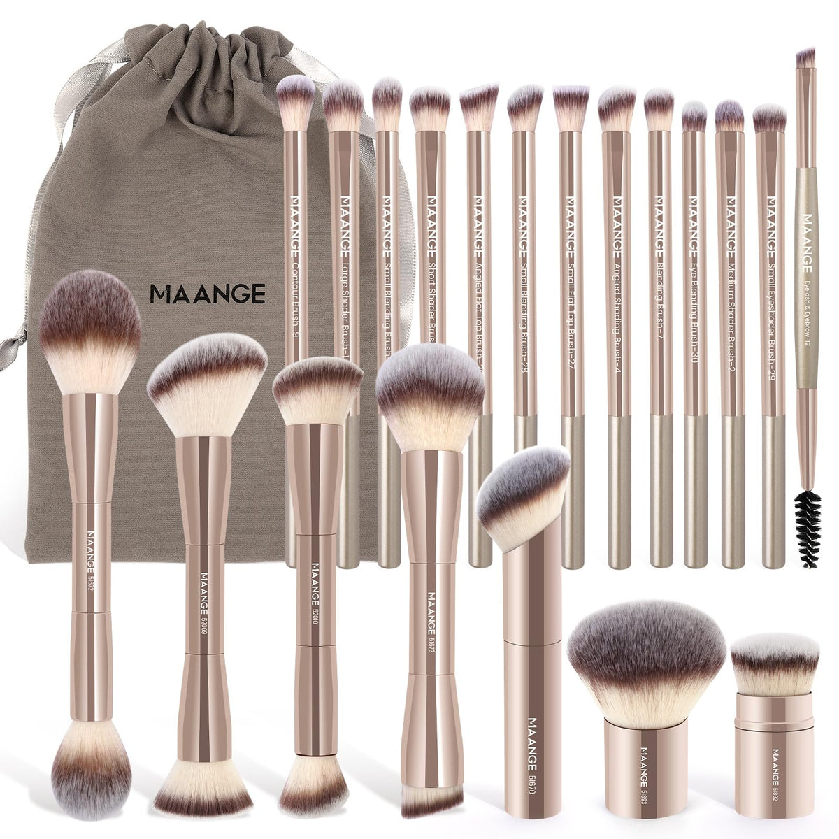 MAANGE 20 PCS Foundation Makeup Brush Set front view with velvet bag