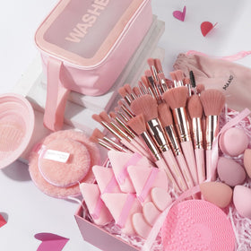 MAANGE makeup brushes displayed with beauty blenders
