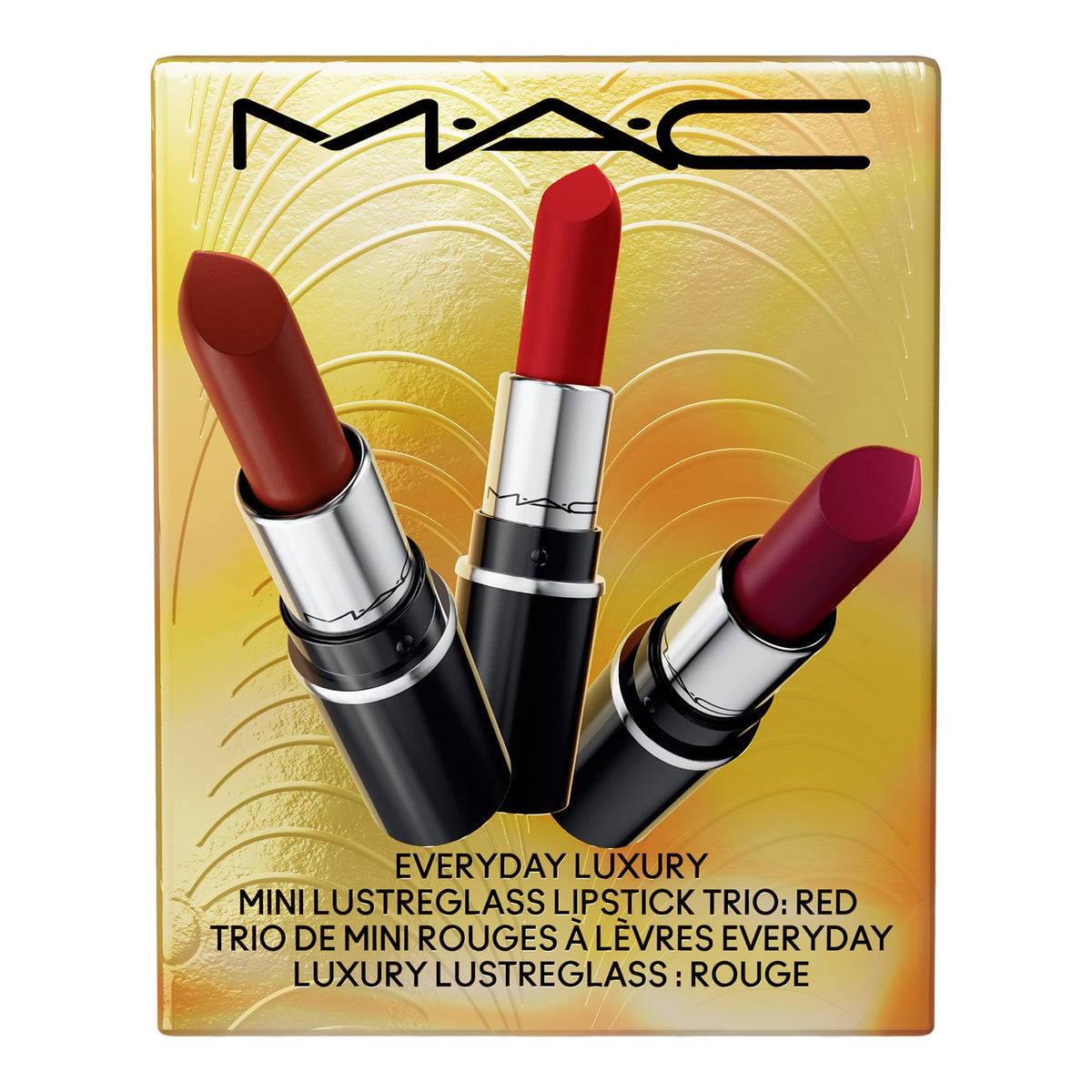 MAC Mini Lustreglass Lipstick Trio displayed on a festive background