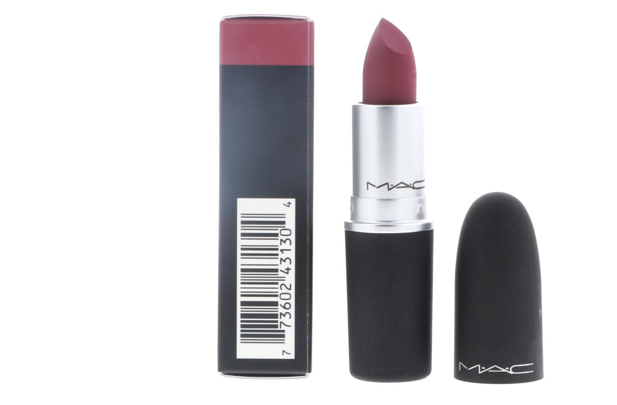 MAC Powder Kiss Lipstick Burning Love applied on lips