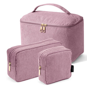 MAGEFY 3-piece makeup bag set in pink corduroy front view
