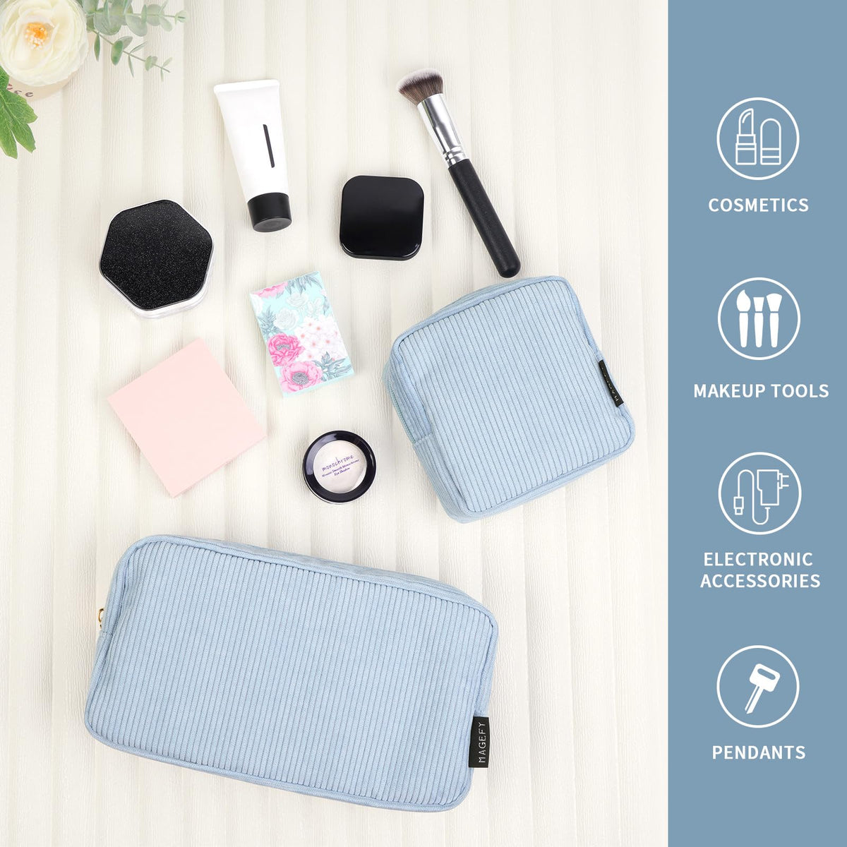 MAGEFY Makeup Bag Set displayed with travel accessories