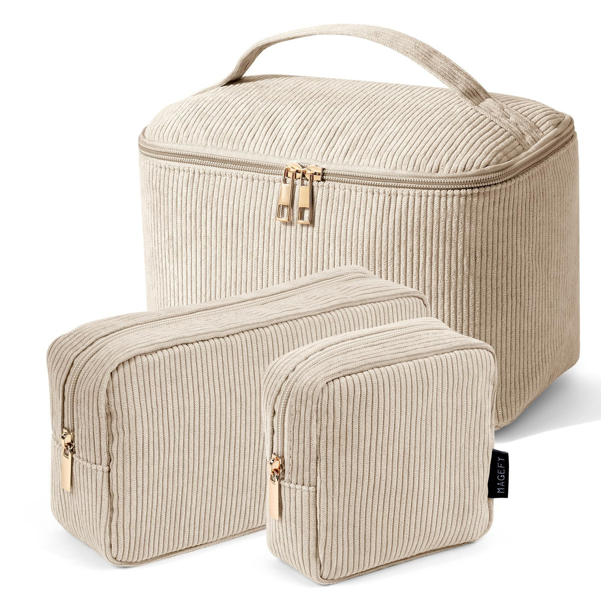 MAGEFY Makeup Bag Set front view with three bags in beige
