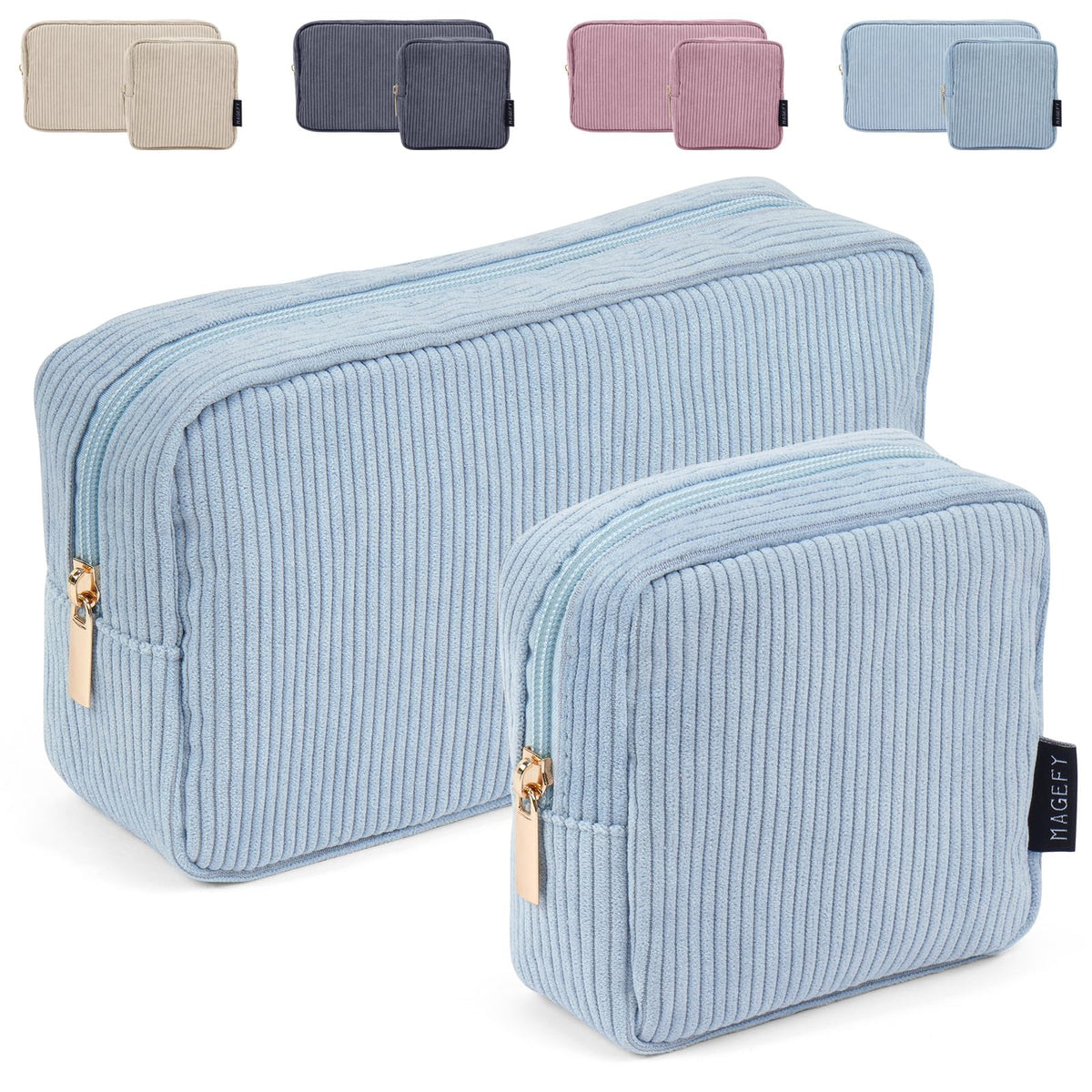 MAGEFY Makeup Bag Set, large blue corduroy bag front view