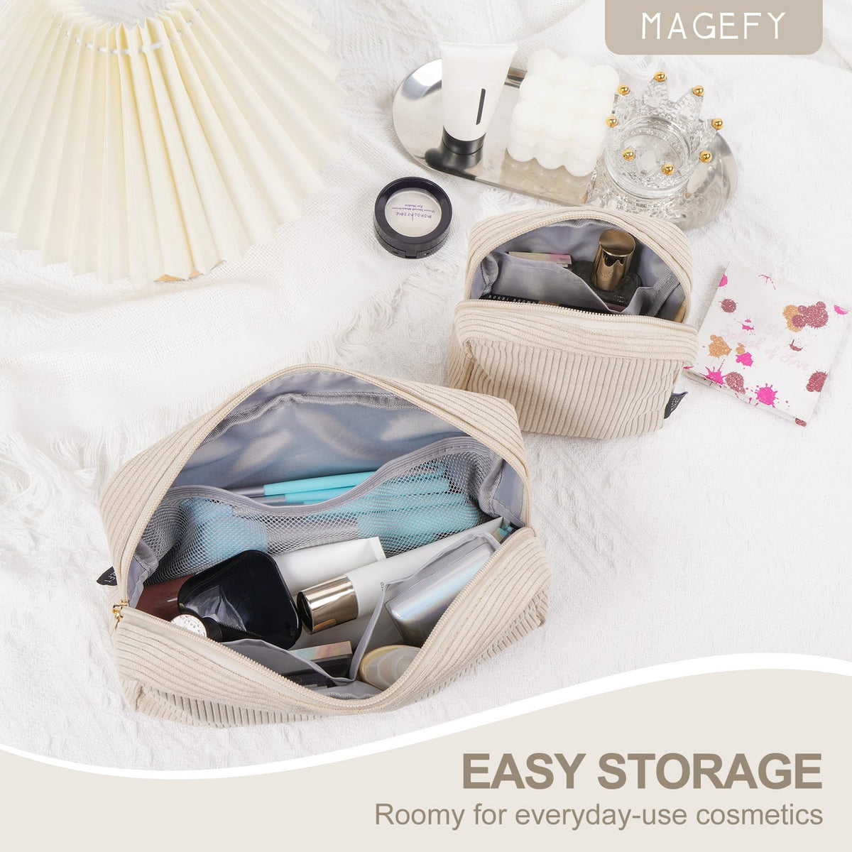 MAGEFY Small Makeup Bag beige zip-top closure