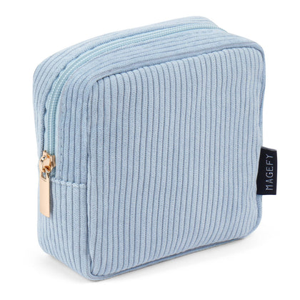 MAGEFY Small Makeup Bag blue front view with zip-top closure