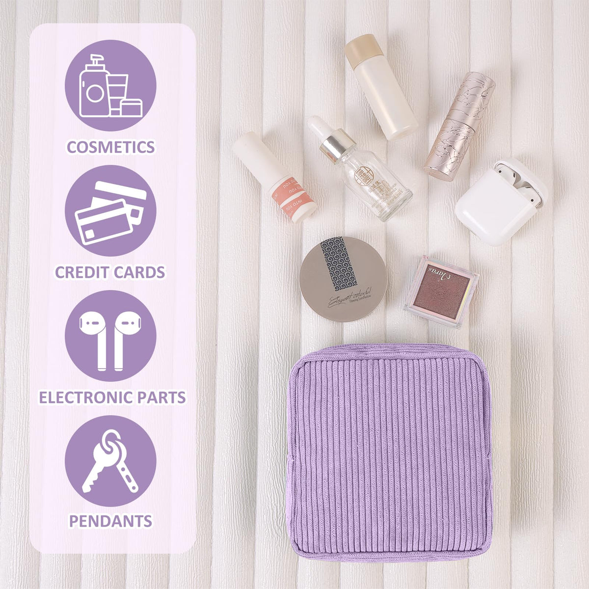 MAGEFY Small Makeup Bag purple with cosmetics inside